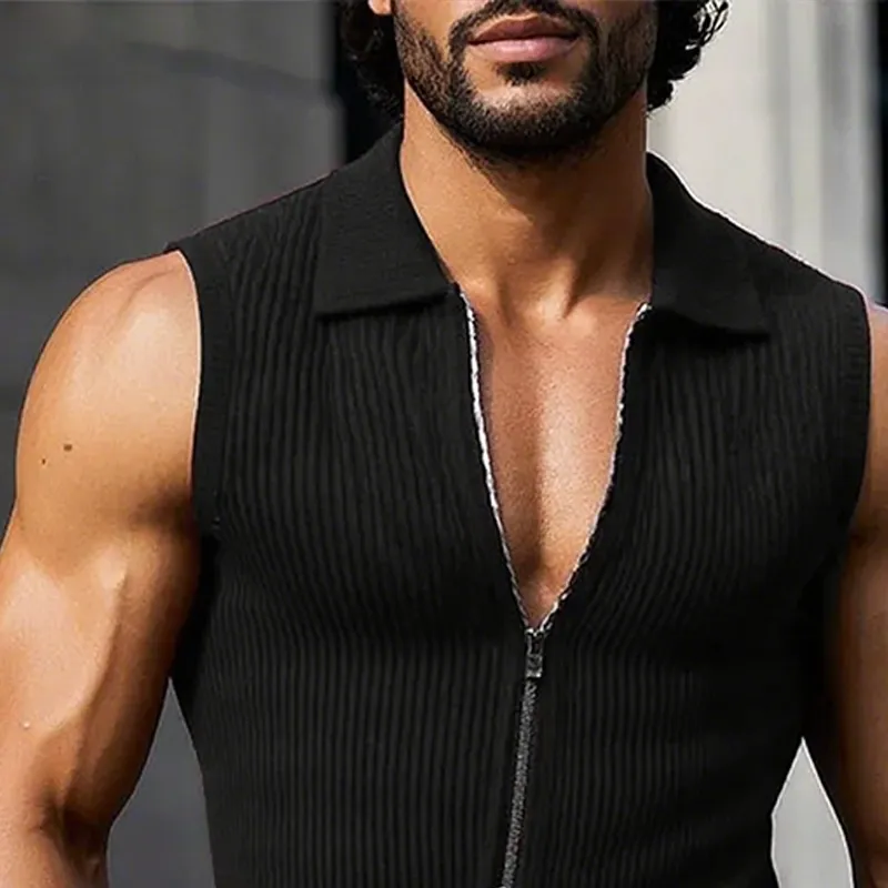 Men's Solid Striped Lapel Sleeveless Zipper Tank Top MTA0248G6Z sold by Manly product image thumbnail 3