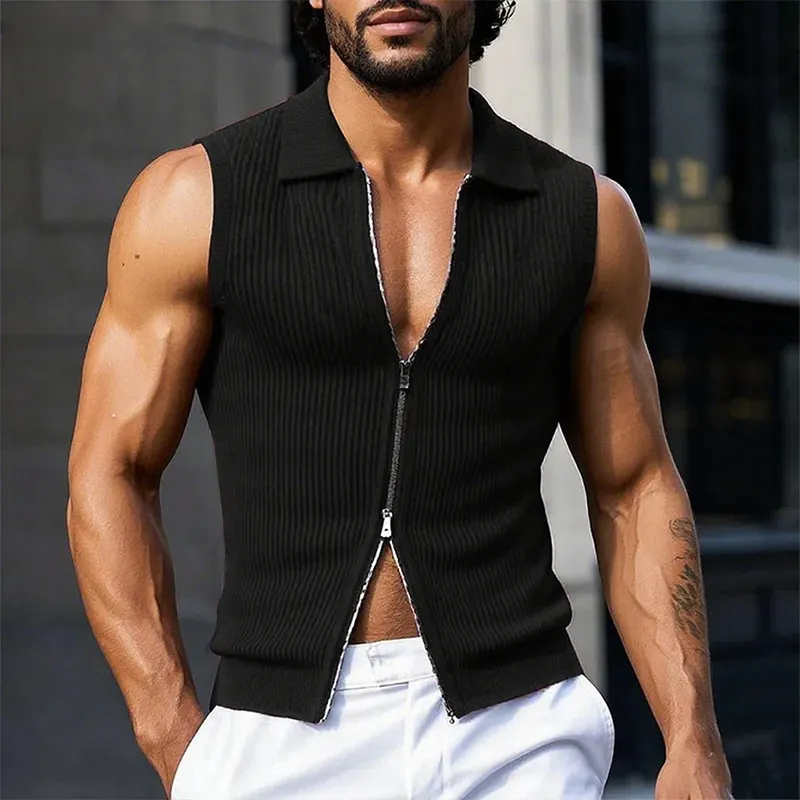 Men's Solid Striped Lapel Sleeveless Zipper Tank Top MTA0248G6Z sold by Manly product image thumbnail 2