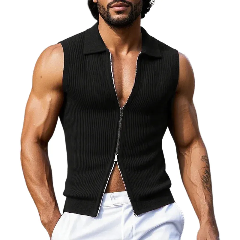 Men's Solid Striped Lapel Sleeveless Zipper Tank Top MTA0248G6Z sold by Manly