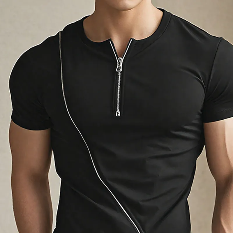 Men's Solid Zipper Decor Round Neck Short Sleeve T-shirt MTA0274G0Z sold by Manly product image thumbnail 3
