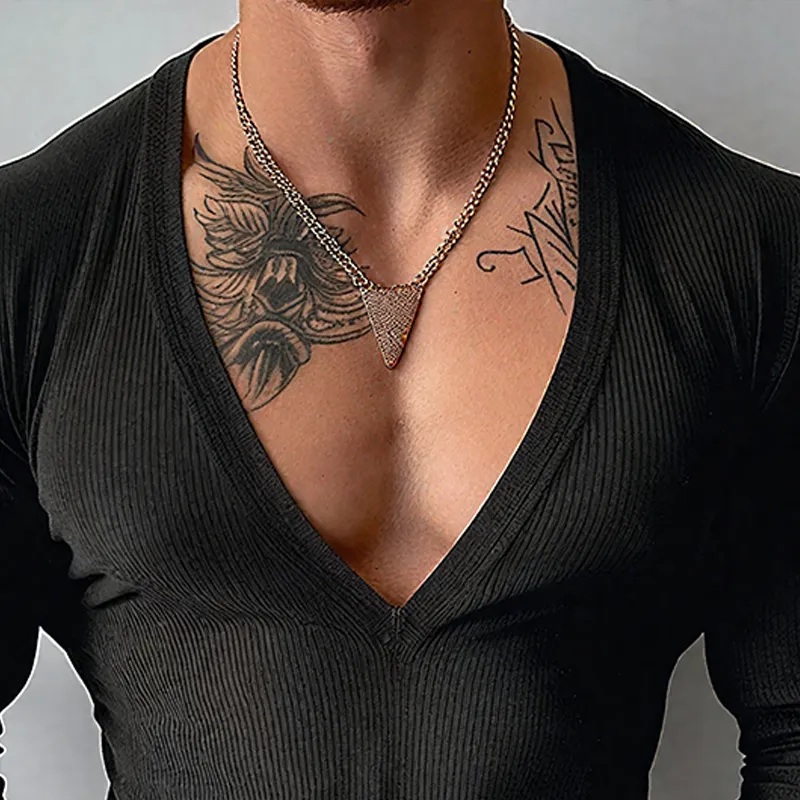 Men's Solid Color Striped V Neck Long Sleeve T-shirt MTA0272G1Z sold by Manly product image thumbnail 3