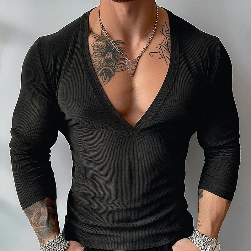 Men's Solid Color Striped V Neck Long Sleeve T-shirt MTA0272G1Z sold by Manly product image thumbnail 2