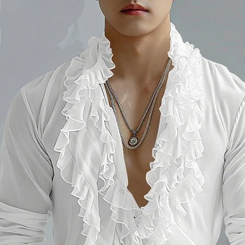 Men's Solid Color Chiffon Ruffle V Neck Long Sleeve Shirt MTA0228G0Z sold by Manly product image thumbnail 3