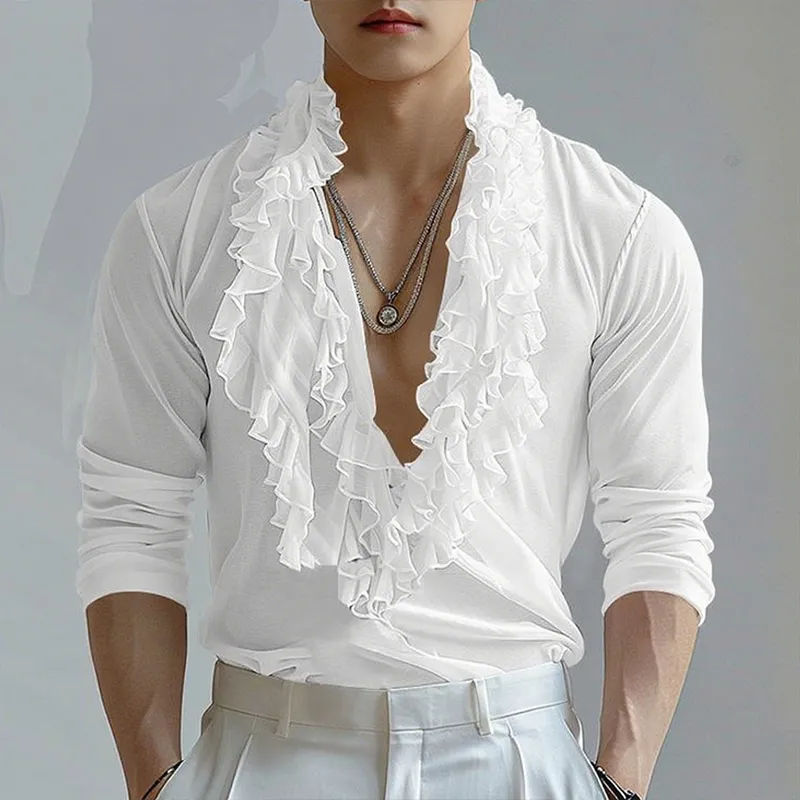 Men's Solid Color Chiffon Ruffle V Neck Long Sleeve Shirt MTA0228G0Z sold by Manly product image thumbnail 2