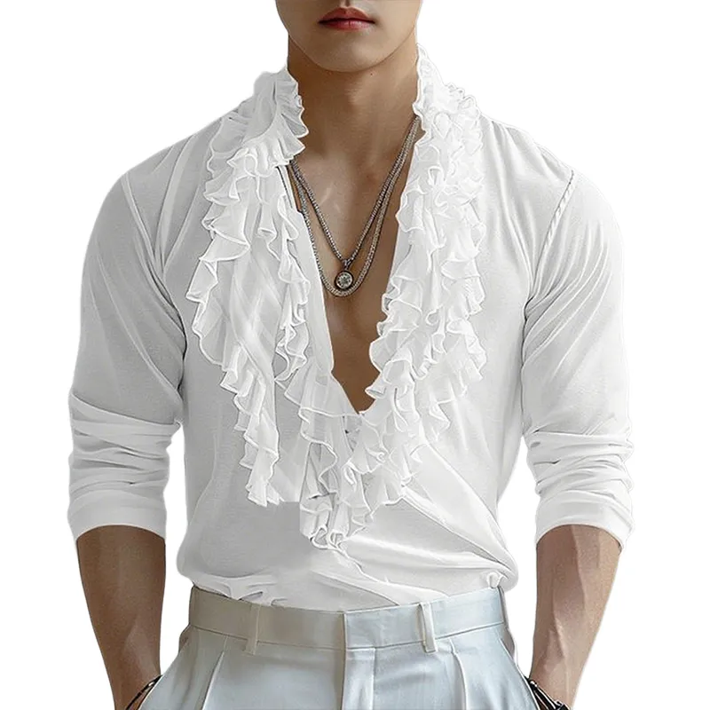 Men's Solid Color Chiffon Ruffle V Neck Long Sleeve Shirt MTA0228G0Z sold by Manly