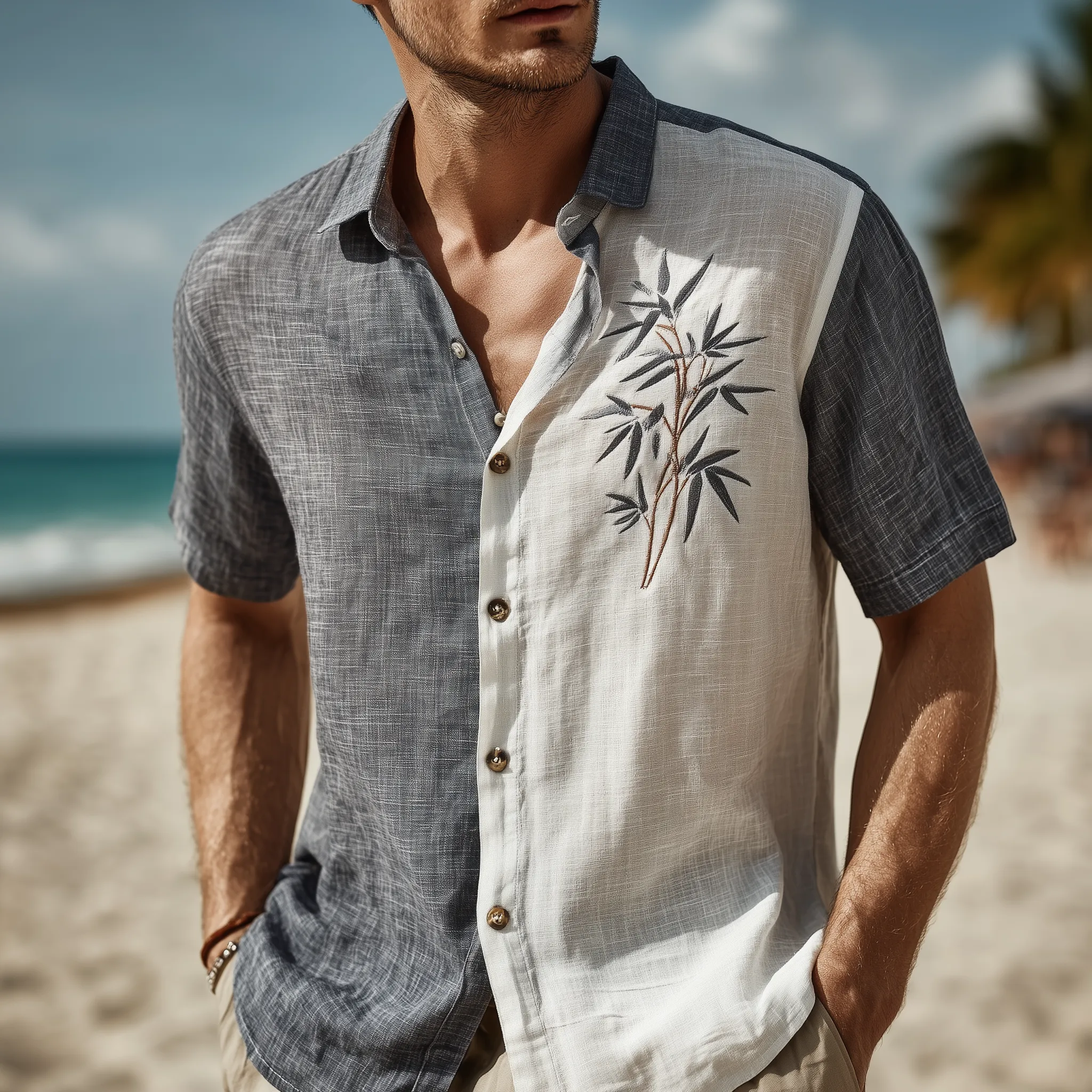 Men's Summer Fashion Leaf Embroidery Slub Linen Short Sleeve Shirt MTA0244G5P sold by Manly product image thumbnail 2