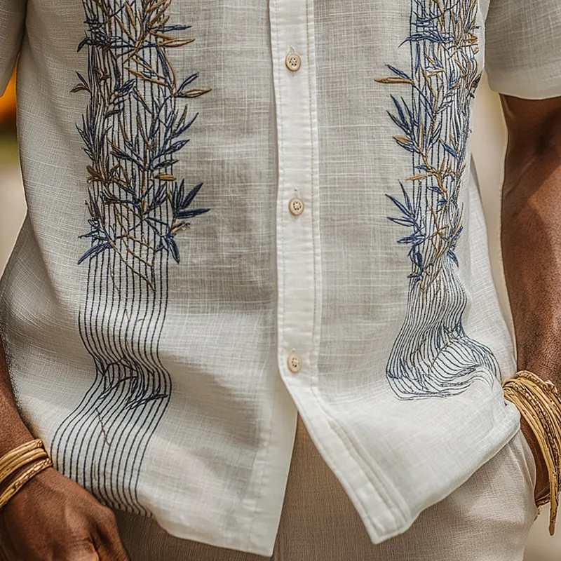 Men's Summer Fashion Leaf Embroidery Slub Linen Henley Collar Short Sleeve Shirt MTA0292G9P sold by Manly product image thumbnail 5