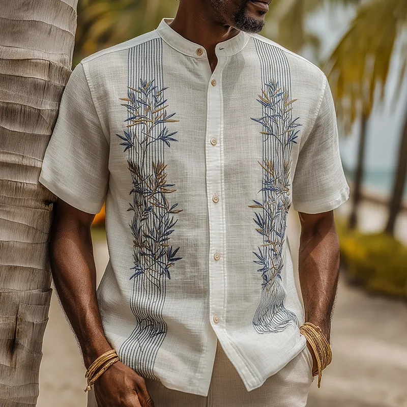 Men's Summer Fashion Leaf Embroidery Slub Linen Henley Collar Short Sleeve Shirt MTA0292G9P sold by Manly product image thumbnail 2