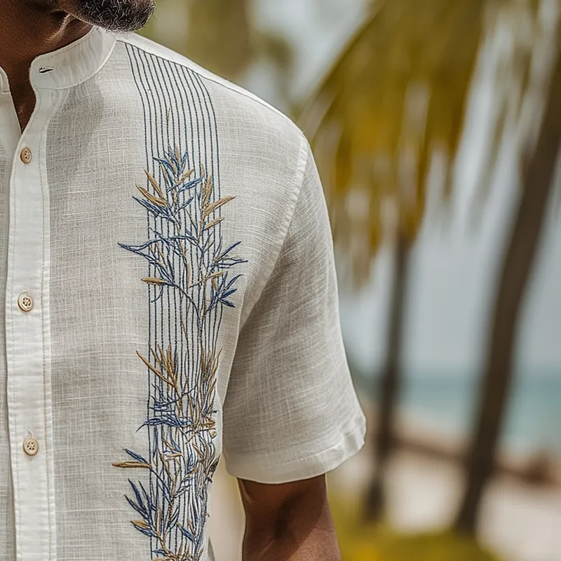 Men's Summer Fashion Leaf Embroidery Slub Linen Henley Collar Short Sleeve Shirt MTA0292G9P sold by Manly product image thumbnail 4