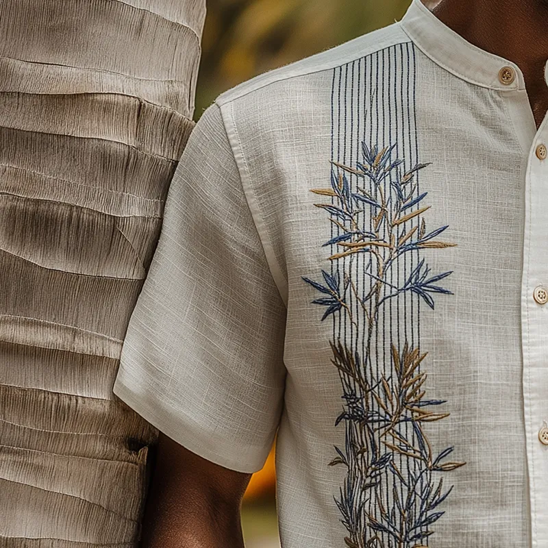 Men's Summer Fashion Leaf Embroidery Slub Linen Henley Collar Short Sleeve Shirt MTA0292G9P sold by Manly product image thumbnail 3