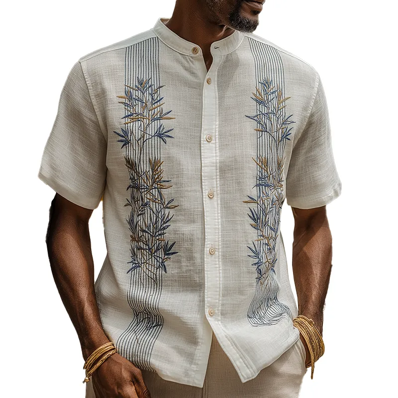 Men's Summer Fashion Leaf Embroidery Slub Linen Henley Collar Short Sleeve Shirt MTA0292G9P sold by Manly