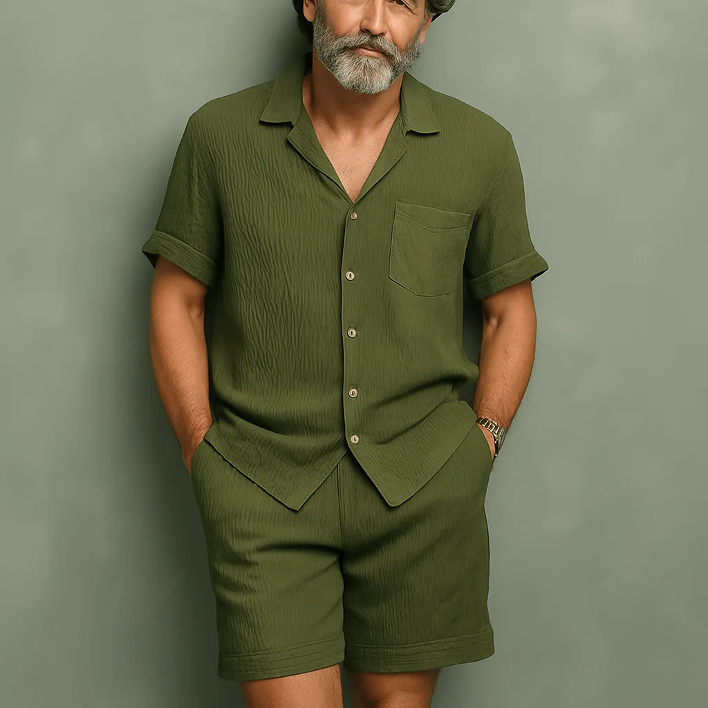 Men's Summer Fashion Solid Color Wave Texture Polyester Short Sleeve Suit MTA0249G9P sold by Manly product image thumbnail 4