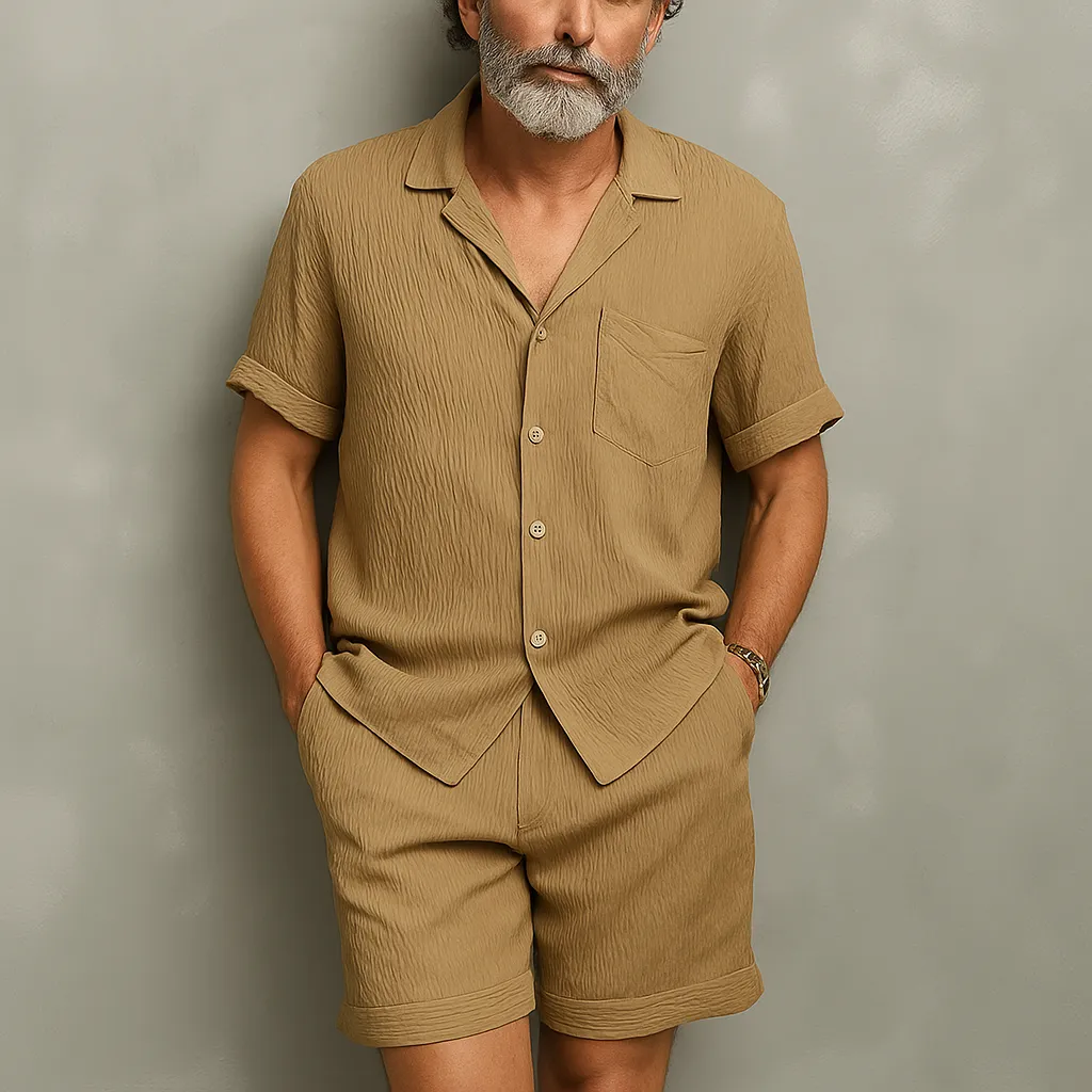 Men's Summer Fashion Solid Color Wave Texture Polyester Short Sleeve Suit MTA0249G9P sold by Manly product image thumbnail 3