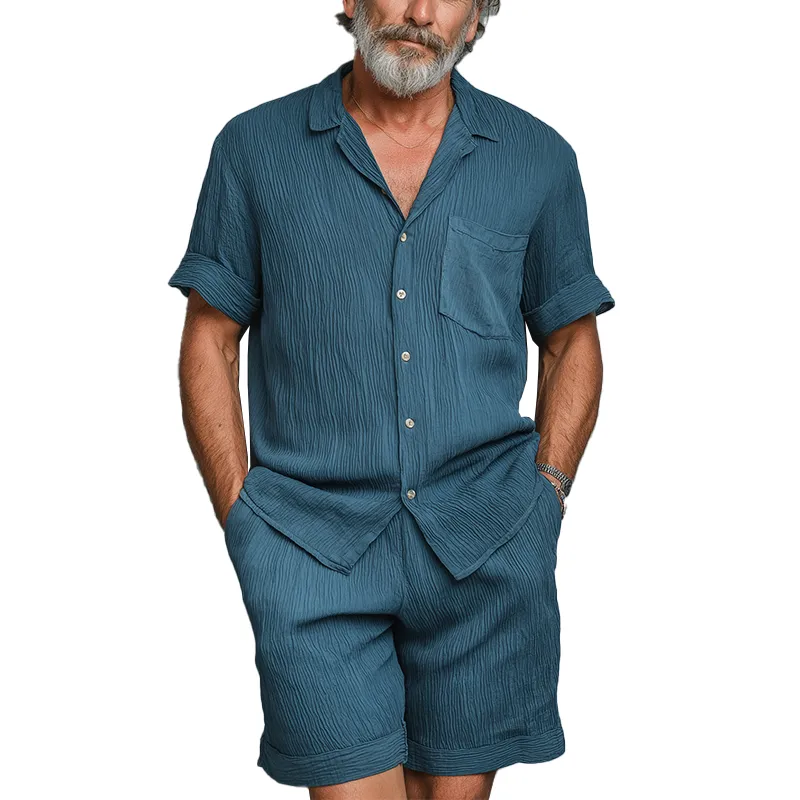 Men's Summer Fashion Solid Color Wave Texture Polyester Short Sleeve Suit MTA0249G9P sold by Manly