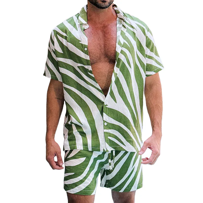 Men's Spring And Summer Fashion Casual Zebra Stripe Printed Silk Cotton Short Sleeve Shirt Elastic Waist Shorts Set MTA0588G8K sold by Manly