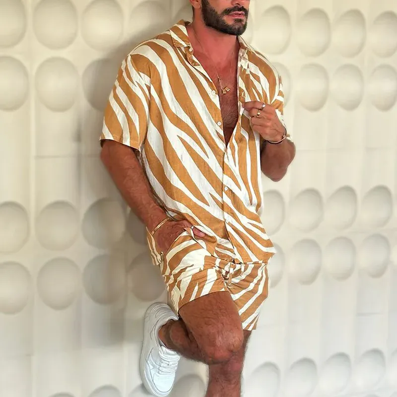 Men's Spring And Summer Fashion Casual Zebra Stripe Printed Silk Cotton Short Sleeve Shirt Elastic Waist Shorts Set MTA0588G8K sold by Manly product image thumbnail 4