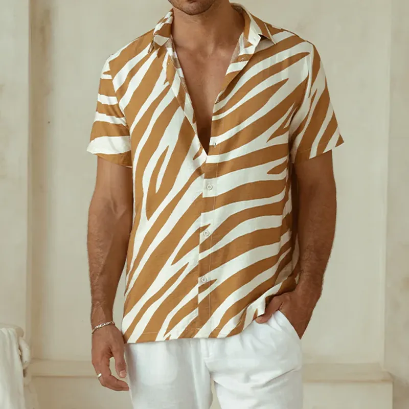 Men's Spring And Summer Fashion Casual Zebra Stripe Printed Silk Cotton Short Sleeve Shirt Elastic Waist Shorts Set MTA0588G8K sold by Manly product image thumbnail 5