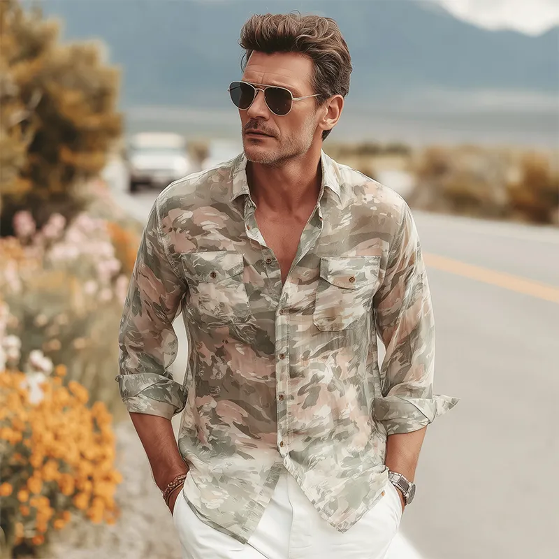 Men's Summer Fashion Casual Chiffon Slightly Transparent Sexy Camouflage Print Long-sleeved Shirt MTA0547G9K sold by Manly product image thumbnail 3