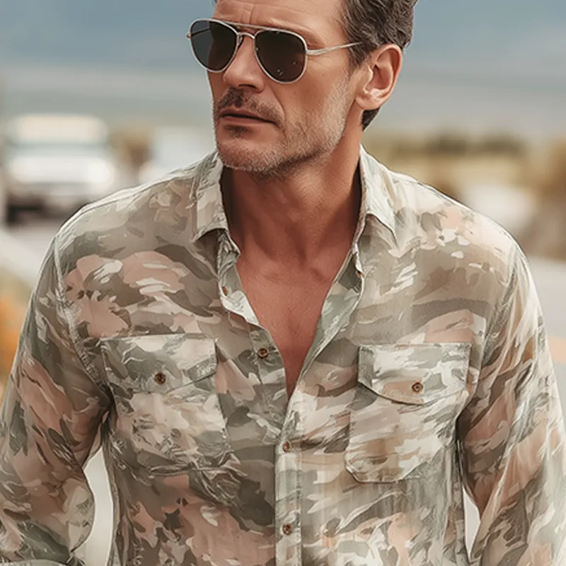 Men's Summer Fashion Casual Chiffon Slightly Transparent Sexy Camouflage Print Long-sleeved Shirt MTA0547G9K sold by Manly product image thumbnail 4