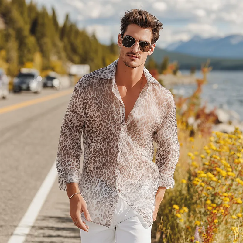Men's Summer Fashion Casual Chiffon Slightly Transparent Sexy Leopard Print Long Sleeve Shirt MTA0566G1K sold by Manly product image thumbnail 3