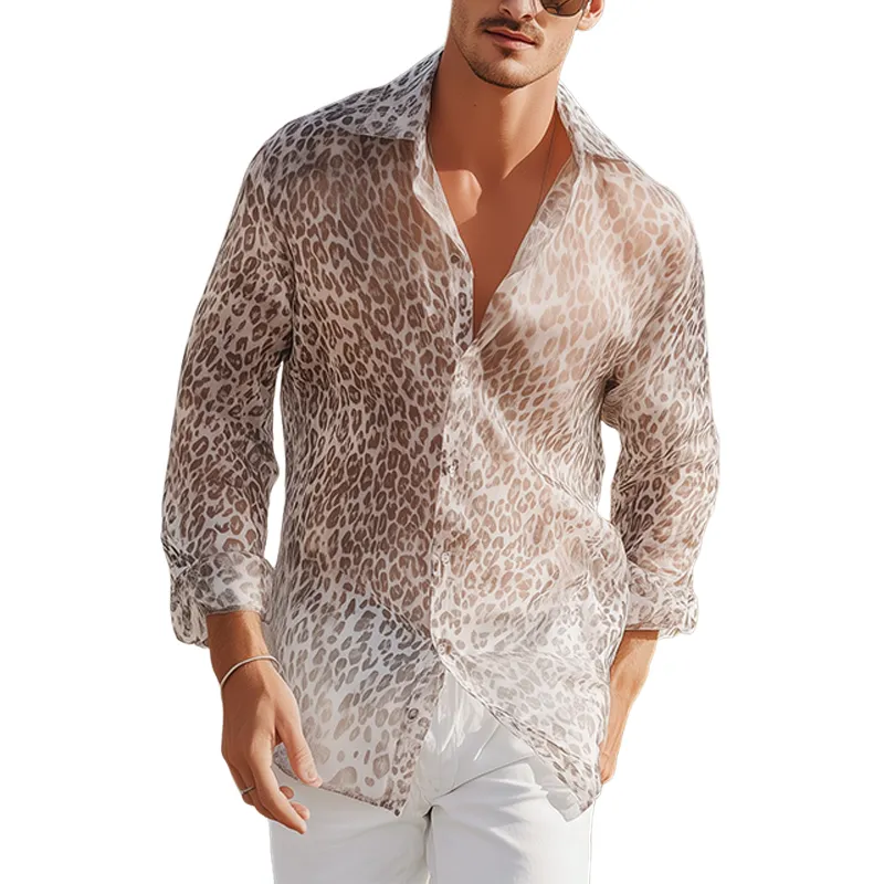 Men's Summer Fashion Casual Chiffon Slightly Transparent Sexy Leopard Print Long Sleeve Shirt MTA0566G1K sold by Manly