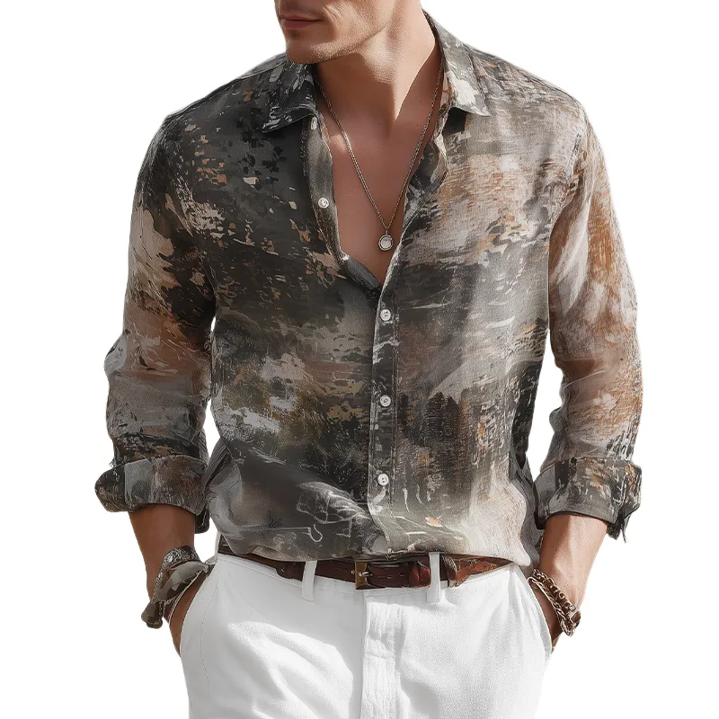 Men's Summer Fashion Casual Chiffon Slightly Transparent Sexy Art Print Long Sleeve Shirt MTA0512G5K sold by Manly