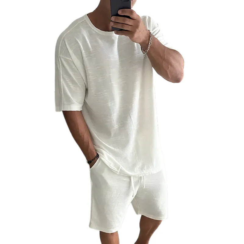 Men's Cotton Casual Round Neck Short Sleeve Shorts Two-piece Set MTA0419G7TO sold by Manly