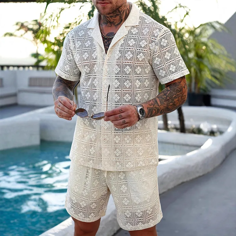 Men's Solid Color Lace Short-sleeved Shorts Two-piece Set MTA0588G7X sold by Manly product image thumbnail 4