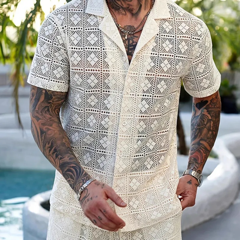 Men's Solid Color Lace Short-sleeved Shorts Two-piece Set MTA0588G7X sold by Manly product image thumbnail 2