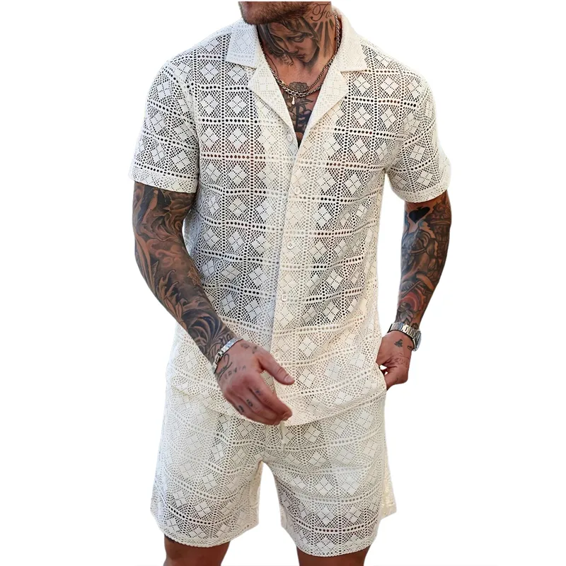 Men's Solid Color Lace Short-sleeved Shorts Two-piece Set MTA0588G7X sold by Manly