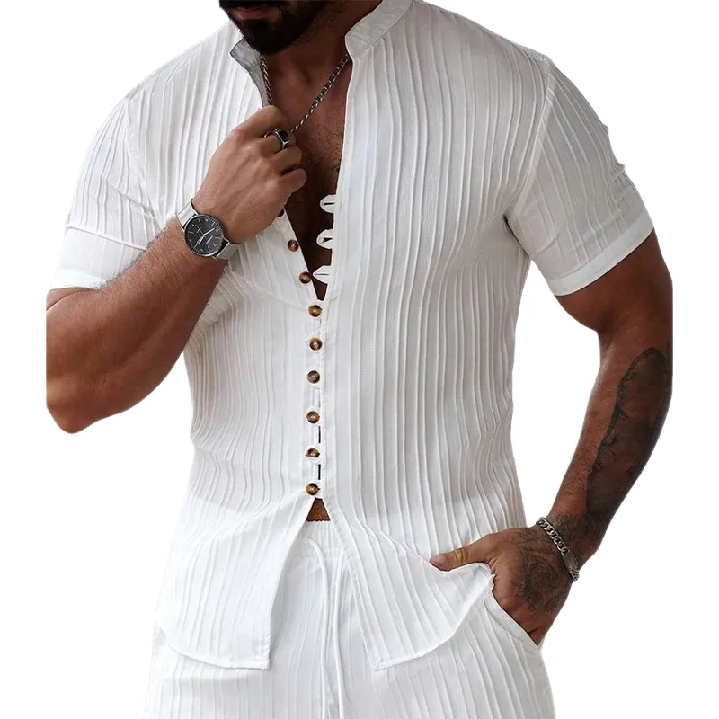 Men's Solid Color Striped Textured Stand Collar Short Sleeve Shirt MTA0555G4X sold by Manly