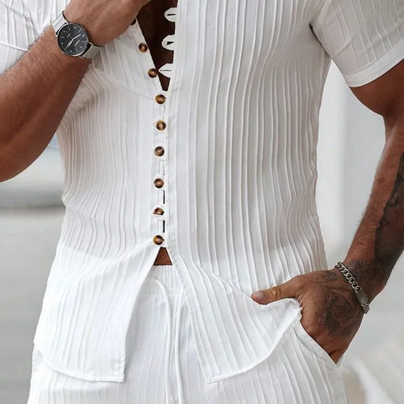 Men's Solid Color Striped Textured Stand Collar Short Sleeve Shirt MTA0555G4X sold by Manly product image thumbnail 3