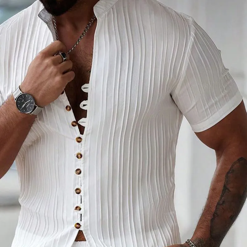 Men's Solid Color Striped Textured Stand Collar Short Sleeve Shirt MTA0555G4X sold by Manly product image thumbnail 2