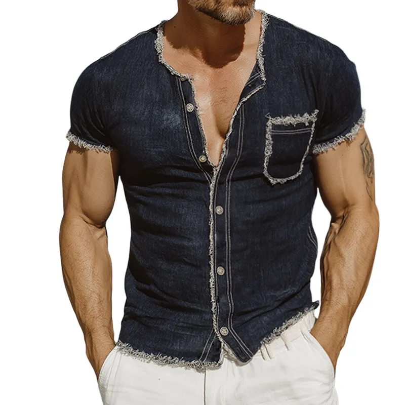 Men's Vintage Washed Denim Crew Neck Short Sleeve Shirt MTA0330G5TO sold by Manly