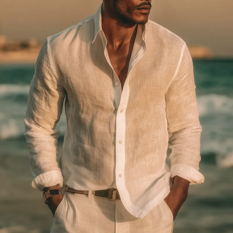 Men's Fashion Solid Color Breathable Linen Lapel Slim Fit Long Sleeve Shirt MTA0416G9M sold by Manly product image thumbnail 2