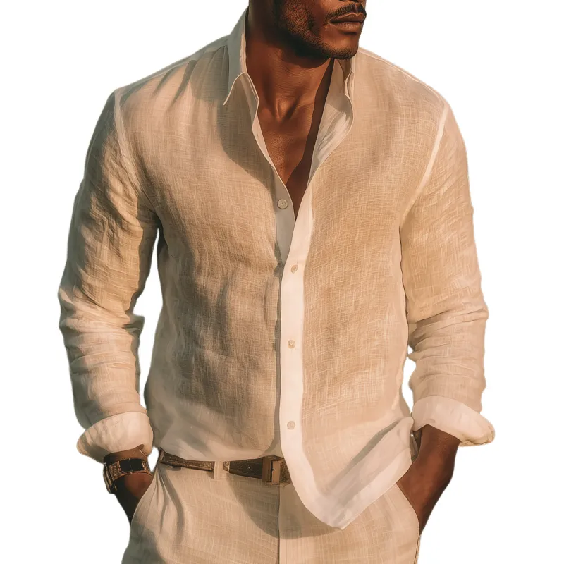 Men's Fashion Solid Color Breathable Linen Lapel Slim Fit Long Sleeve Shirt MTA0416G9M sold by Manly