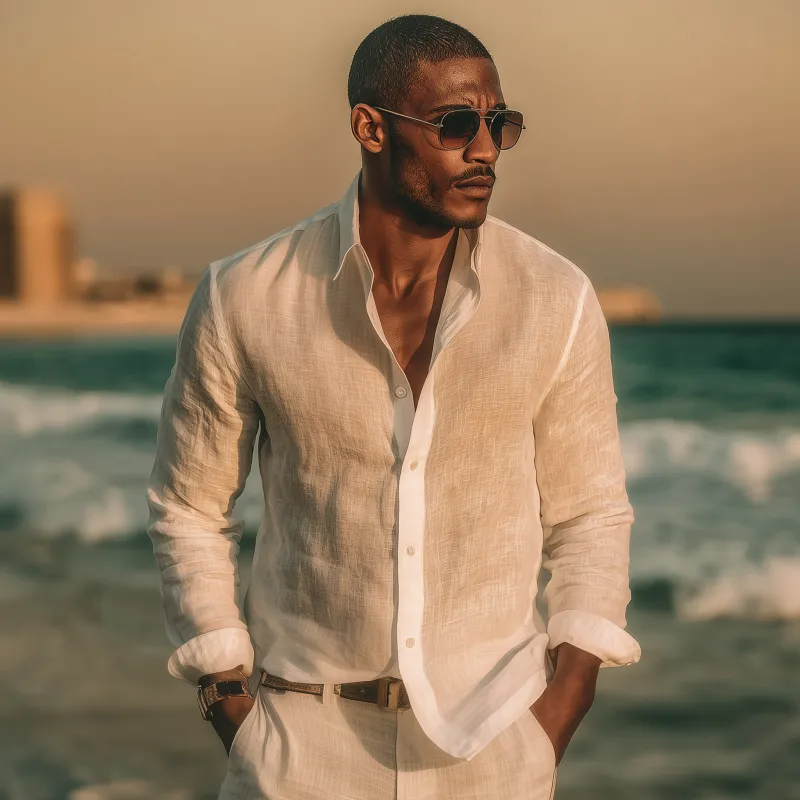 Men's Fashion Solid Color Breathable Linen Lapel Slim Fit Long Sleeve Shirt MTA0416G9M sold by Manly product image thumbnail 3