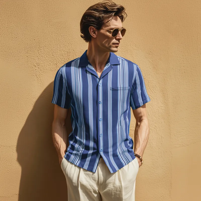 Men's Fashion Breathable Stripe Print Lapel Slim Fit Short Sleeve Shirt MTA0430G6M sold by Manly product image thumbnail 4