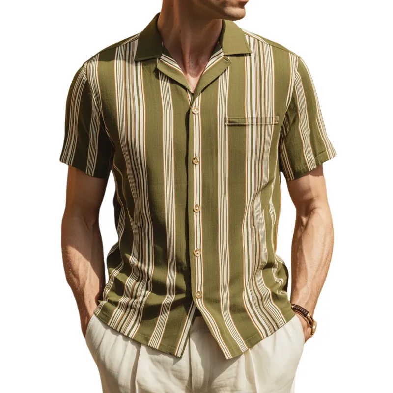 Men's Fashion Breathable Stripe Print Lapel Slim Fit Short Sleeve Shirt MTA0430G6M sold by Manly