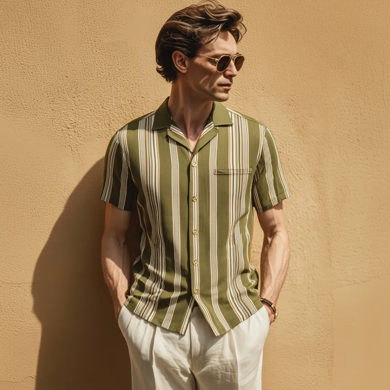 Men's Fashion Breathable Stripe Print Lapel Slim Fit Short Sleeve Shirt MTA0430G6M sold by Manly product image thumbnail 3