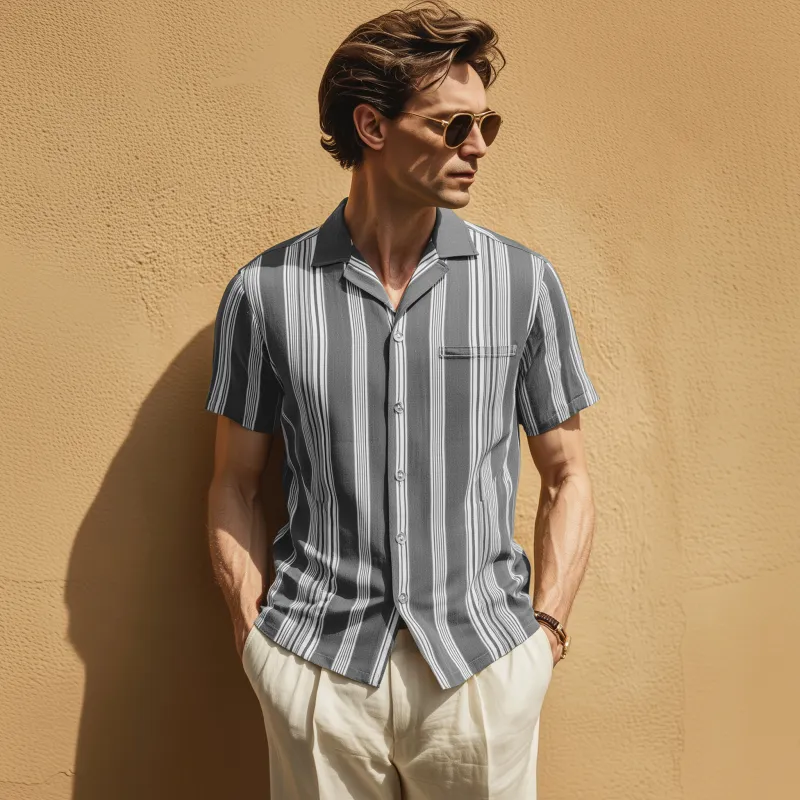 Men's Fashion Breathable Stripe Print Lapel Slim Fit Short Sleeve Shirt MTA0430G6M sold by Manly product image thumbnail 5