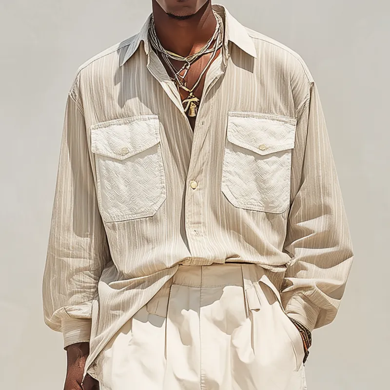 Men's Fashion Breathable Striped Textured Fabric Patchwork Lapel Chest Pocket Loose Long Sleeve Shirt MTA0411G3M sold by Manly product image thumbnail 2