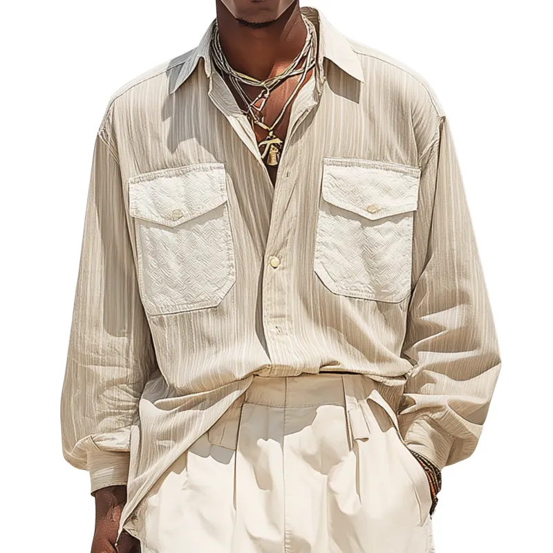 Men's Fashion Breathable Striped Textured Fabric Patchwork Lapel Chest Pocket Loose Long Sleeve Shirt MTA0411G3M sold by Manly