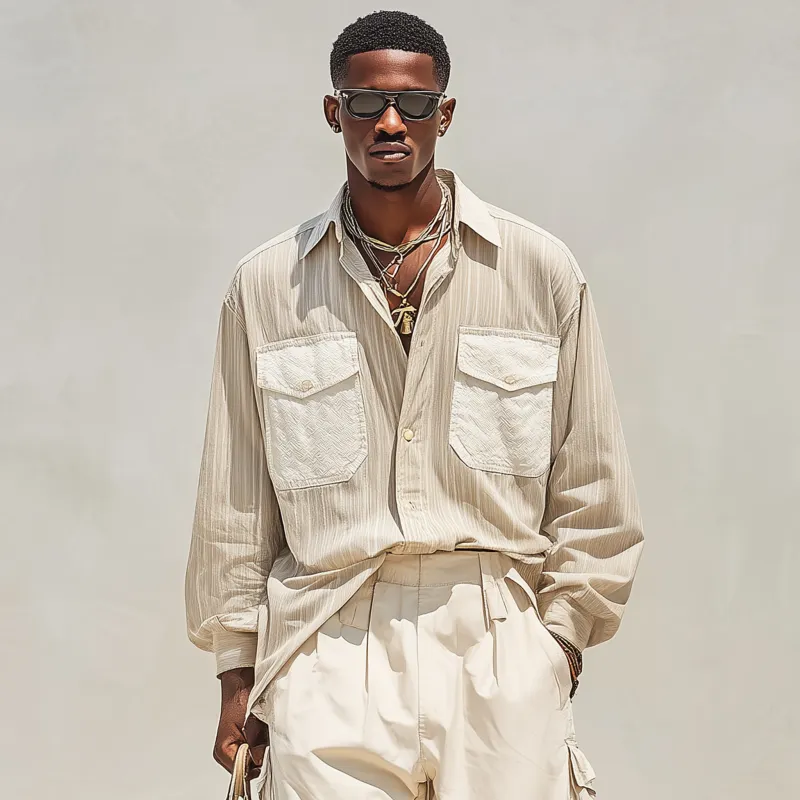 Men's Fashion Breathable Striped Textured Fabric Patchwork Lapel Chest Pocket Loose Long Sleeve Shirt MTA0411G3M sold by Manly product image thumbnail 3