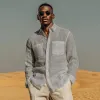 Men's Casual Solid Color Breathable Linen Lapel Patch Pocket Loose Long Sleeve Shirt MTA0457G4M sold by Manly
