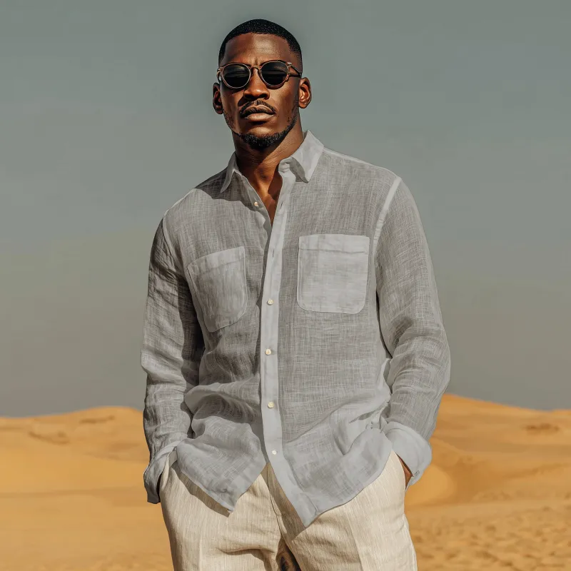 Men's Casual Solid Color Breathable Linen Lapel Patch Pocket Loose Long Sleeve Shirt MTA0457G4M sold by Manly product image thumbnail 3