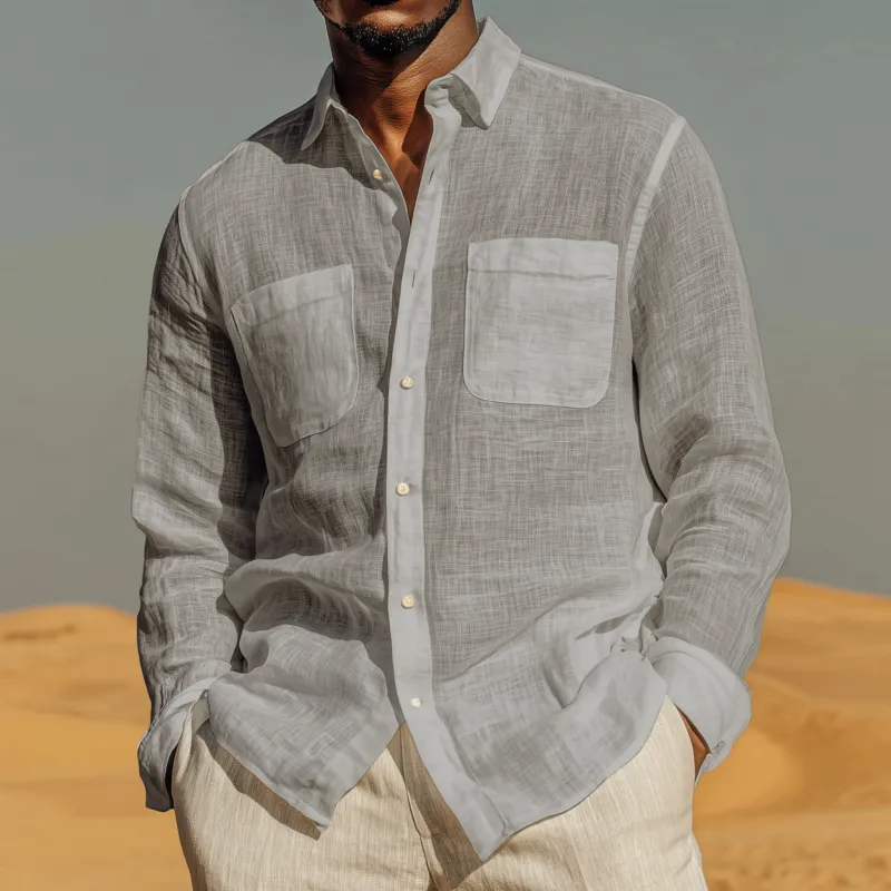 Men's Casual Solid Color Breathable Linen Lapel Patch Pocket Loose Long Sleeve Shirt MTA0457G4M sold by Manly product image thumbnail 2