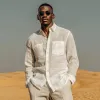 Men's Casual Solid Color Breathable Linen Lapel Patch Pocket Loose Long Sleeve Shirt MTA0457G4M sold by Manly