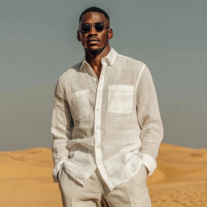 Men's Casual Solid Color Breathable Linen Lapel Patch Pocket Loose Long Sleeve Shirt MTA0457G4M sold by Manly product image thumbnail 4