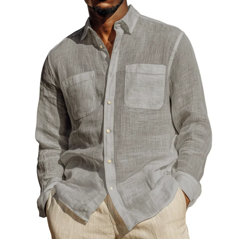 Men's Casual Solid Color Breathable Linen Lapel Patch Pocket Loose Long Sleeve Shirt MTA0457G4M sold by Manly